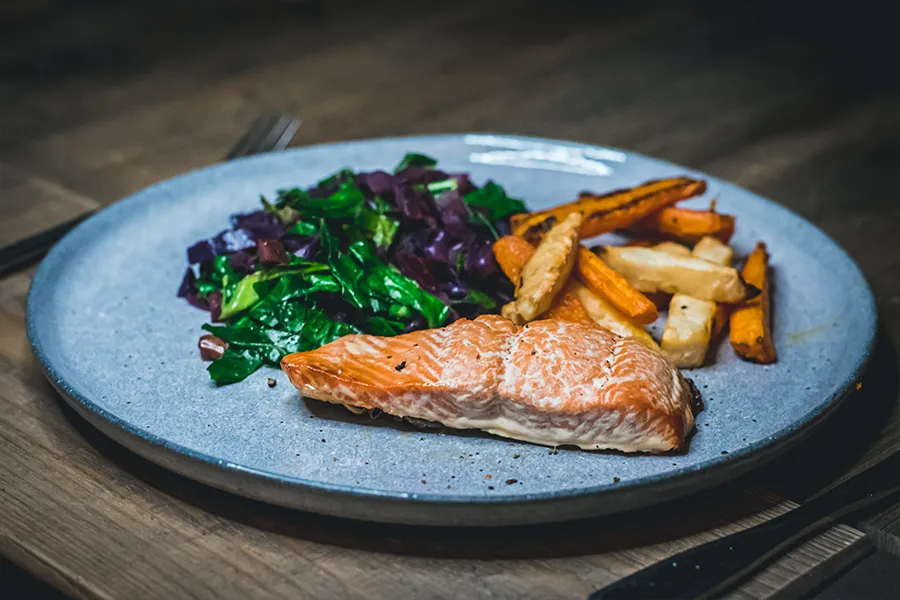 Salmon With Root Veg Chips And Cabbage