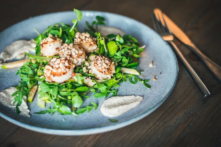 Scallops With Apple Salad And Nut Sauce
